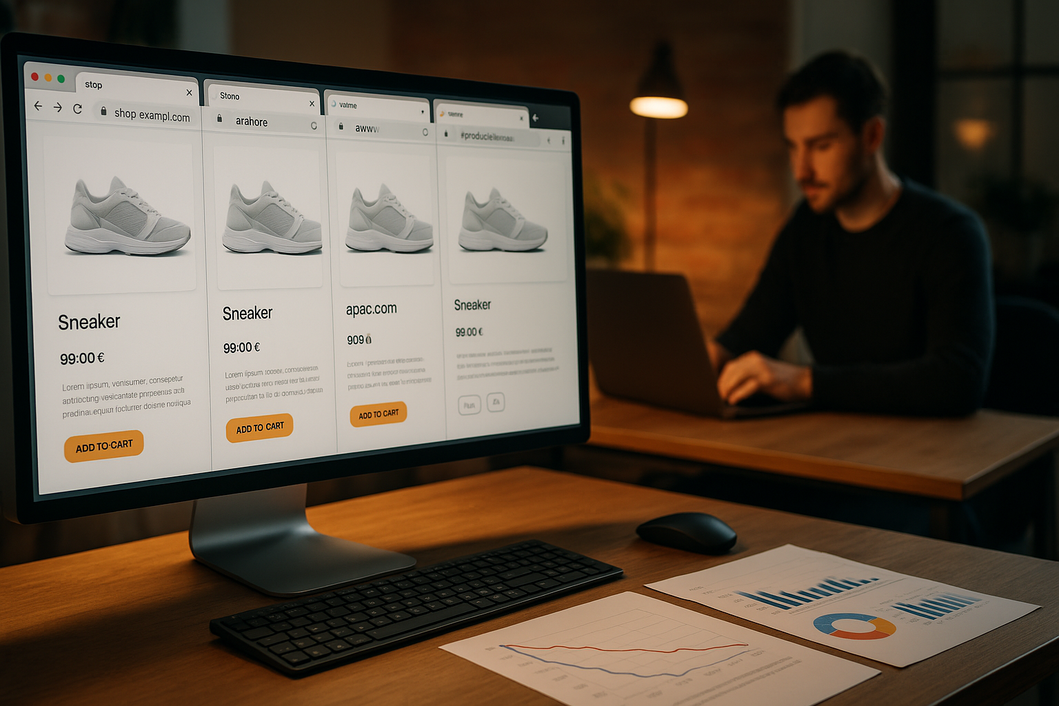 Moderner E-Commerce-Arbeitsplatz mit Laptop, auf dem ein Onlineshop-Dashboard mit URL-Strukturen und SEO-Metriken zu sehen ist, umgeben von Produktfotos, handschriftlichen Notizen und einem Smartphone – konzentrierte Arbeit an technischer Shop-Optimierung