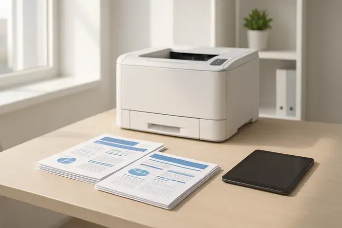 Moderner Büroarbeitsplatz mit Drucker und gestapelten professionellen Dokumenten im einheitlichen Design