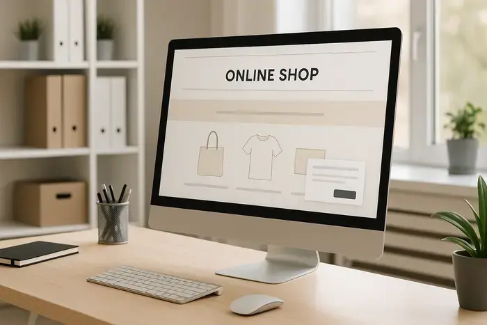 Arbeitsplatz mit einem neutralen Online-Shop und dezenten Benachrichtigungselementen