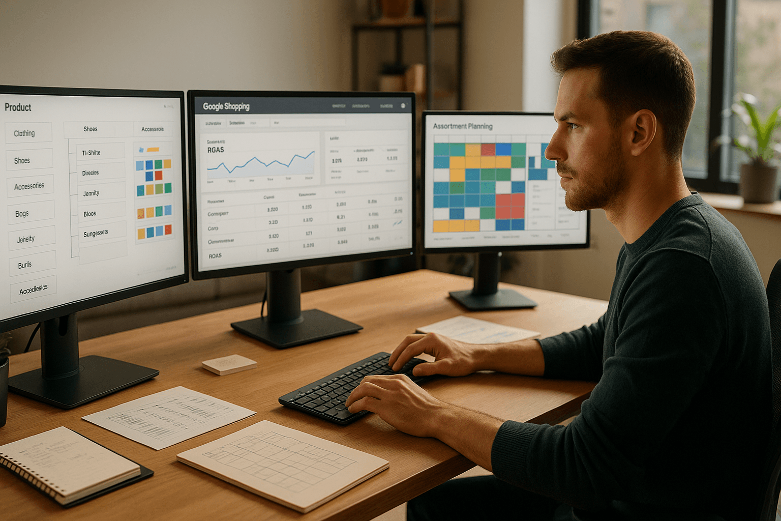 E-Commerce-Manager analysiert Produktkategorisierungsstrukturen auf mehreren Bildschirmen mit Google-Shopping-Dashboards und farbcodierten Produkttypen