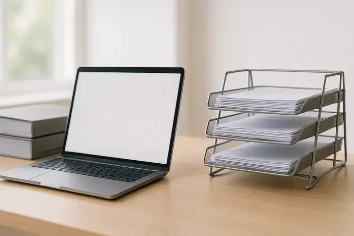 Schreibtisch mit Laptop, Dokumentenstapel und Ablage für organisierte Datenverwaltung