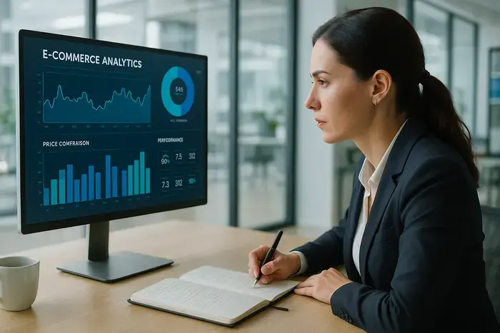 E-Commerce-Manager analysiert Shopping-Marktdaten auf Monitor mit Diagrammen, Nachfrage-Trends und Performance-Kennzahlen