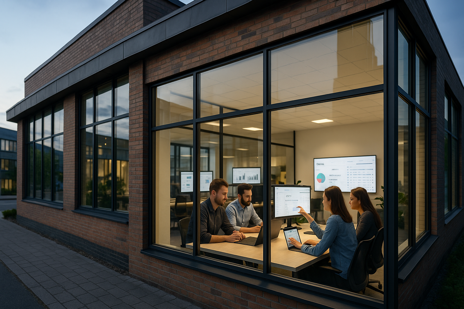 Professionelles E-Commerce-Team arbeitet konzentriert an mehreren Bildschirmen mit Produktdaten, Feed-Optimierung und Analytics-Dashboards in modernem Büro mit Tageslicht und aufgeräumter Arbeitsatmosphäre