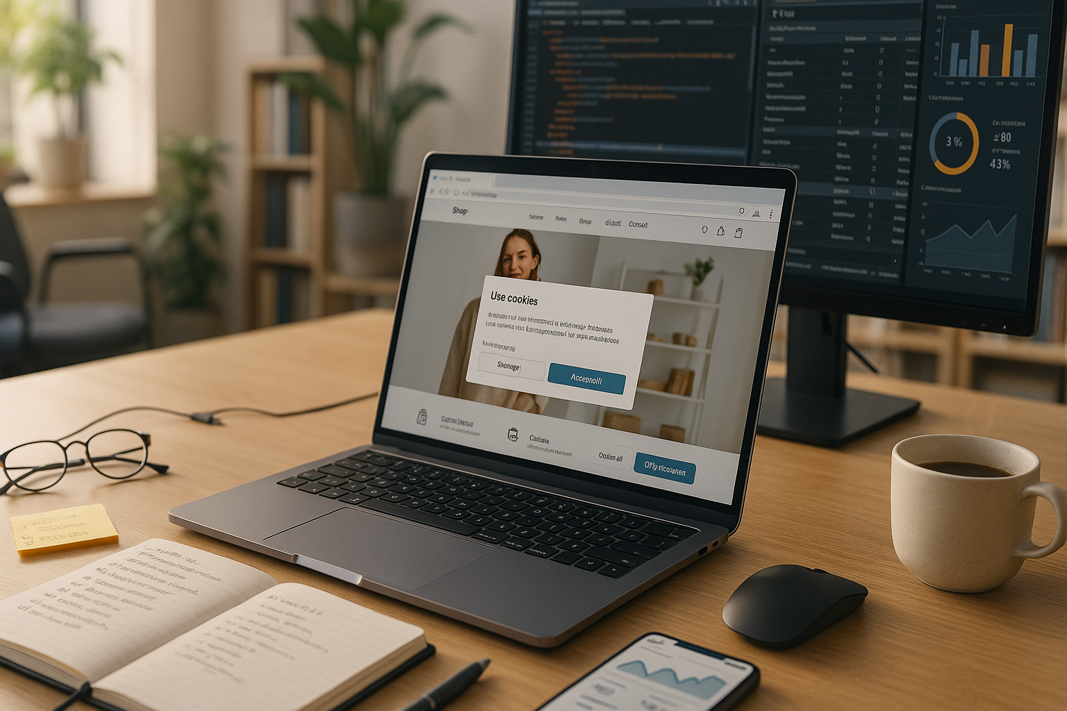 Moderne E-Commerce-Arbeitsumgebung mit aufgeklapptem Laptop auf aufgeräumtem Schreibtisch, auf dessen Bildschirm professioneller Online-Shop mit Cookie-Consent-Banner sichtbar ist, daneben Notizblock mit Checklisten, Smartphone mit Analytics-Dashboard, Kaffeetasse und Stift, im Hintergrund helles Büro mit großen Fenstern, Tageslicht, Pflanzen und minimalistischen Möbeln, warme natürliche Beleuchtung mit weichen Schatten