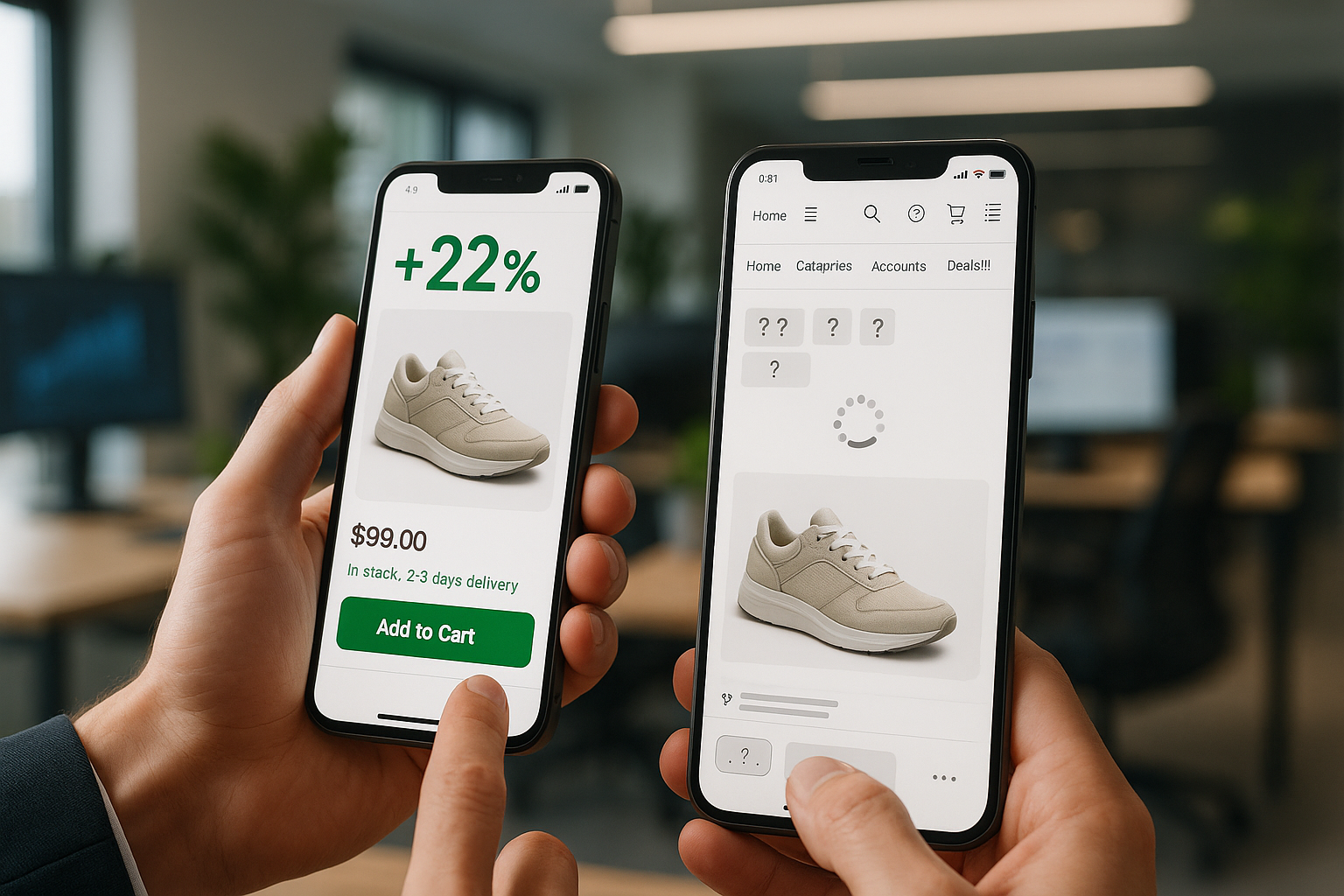 Smartphone-Ansicht eines modernen E-Commerce-Shops mit klaren Produktkategorien, großen Buttons und optimierter Navigation für mobile Nutzer.