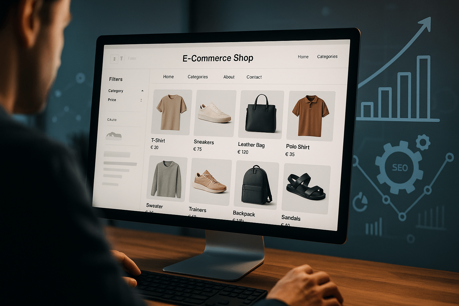Moderner E-Commerce-Shop mit optimierter Struktur, Kategorien und Produktseiten auf einem Computer-Monitor, umgeben von Suchmaschinen- und SEO-Symbolen, professionelle und technische Atmosphäre