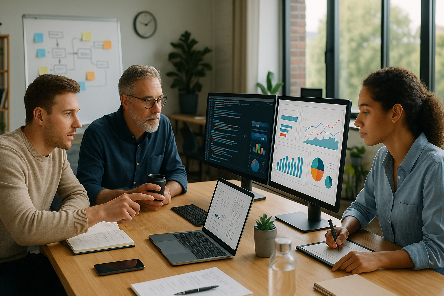 Marketing-Team bespricht SEO-Strategie und Website-Performance anhand von Analyse-Dashboards und Diagrammen auf mehreren Bildschirmen im Büro.