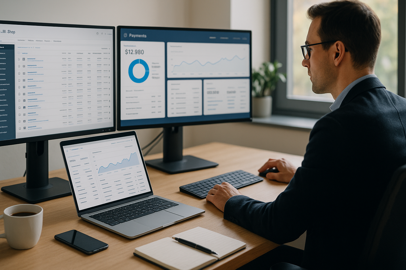 Professioneller E-Commerce-Arbeitsplatz mit mehreren Bildschirmen, auf denen JTL-Shop-Backend, Zahlungsübersichten und Transaktionsdaten angezeigt werden, moderne Büroumgebung, warmes Tageslicht, Person im Hintergrund, fotorealistisch, saubere Komposition, Tiefenschärfe, hochauflösend