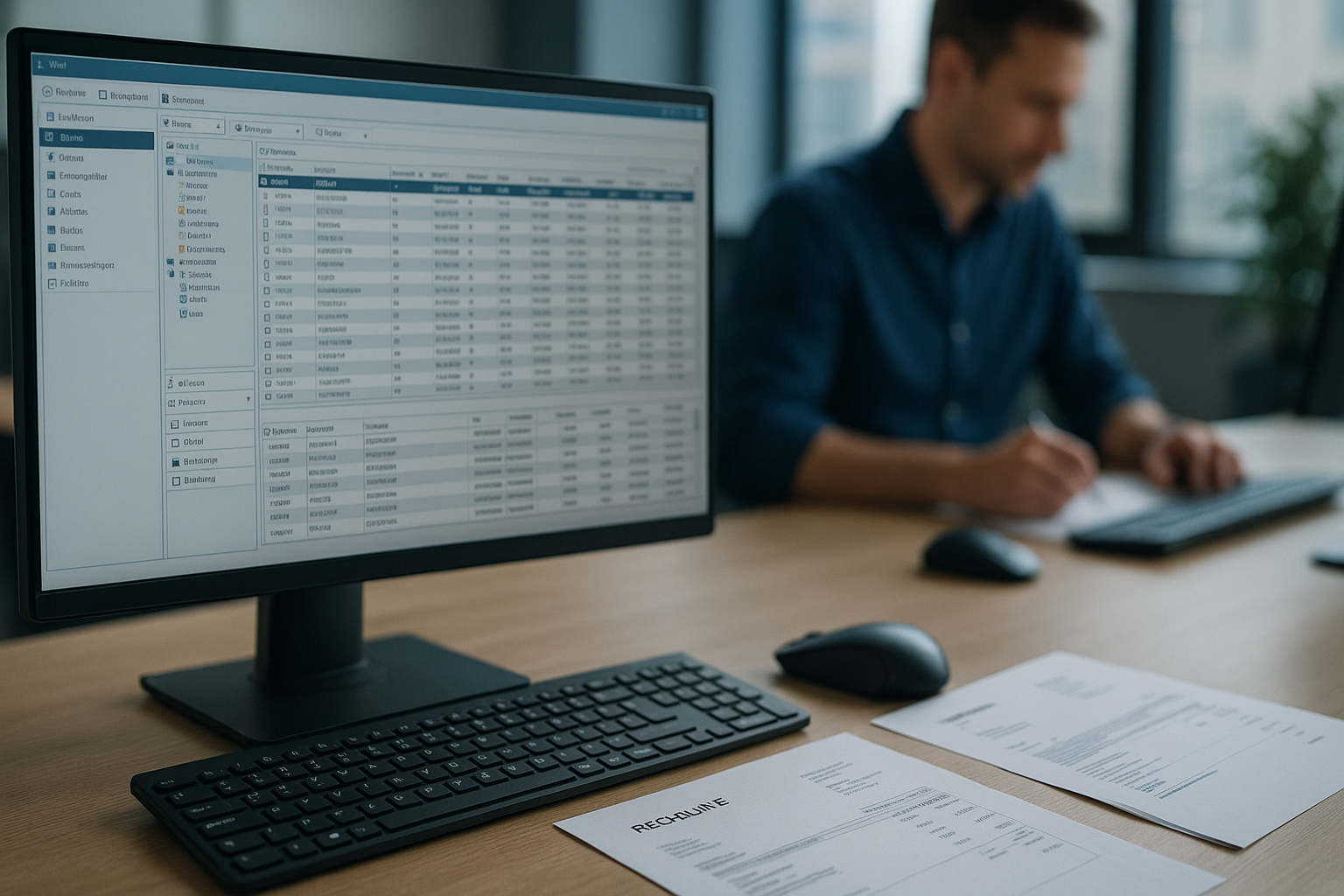 JTL-Wawi Rechnungskorrektur Prozess mit Gutschrift und Ausgangszahlung am Bildschirm in modernem Büro mit Dokumenten und strukturierter Arbeitsumgebung