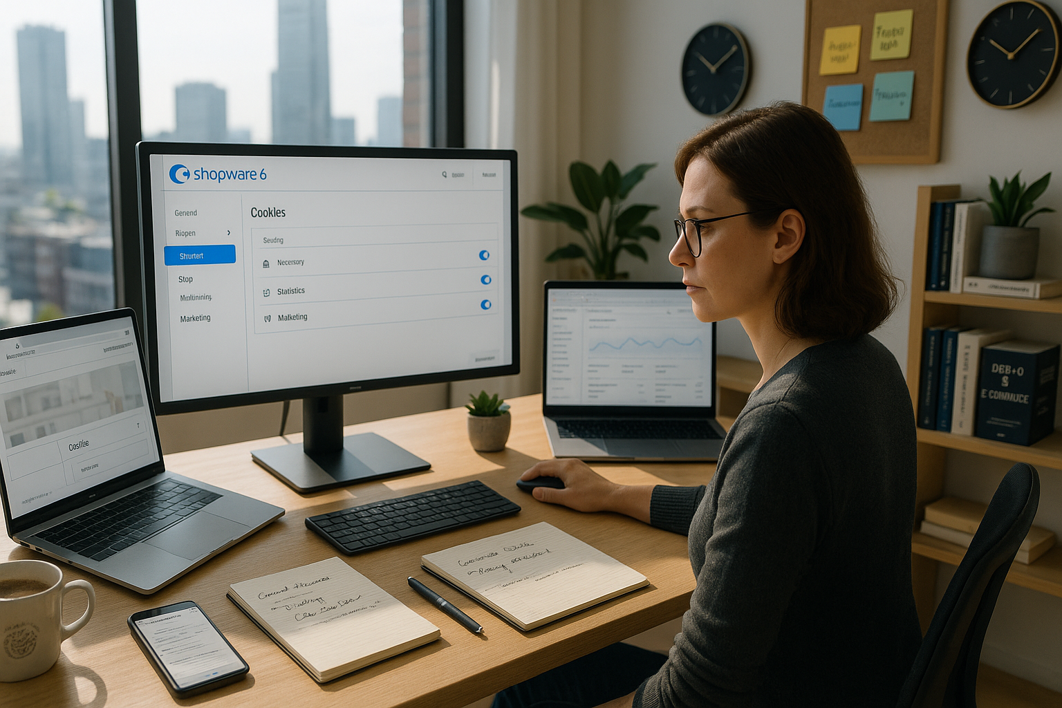 Mitarbeiterin konfiguriert Cookie- und Marketing-Einstellungen im Shopware-6-Backend an einem Desktop-Arbeitsplatz