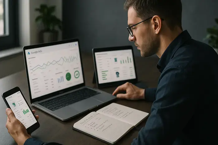 Moderner E-Commerce-Arbeitsplatz mit Laptop, Tablet und Smartphone zeigt Produktdaten-Management, Kampagnen-Dashboards und Performance-Metriken für Google Shopping Optimierung
