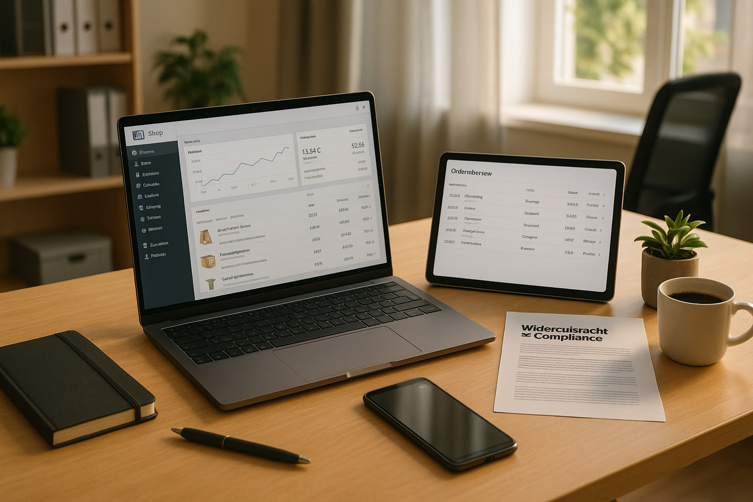 Moderner E-Commerce-Arbeitsplatz mit mehreren Bildschirmen, Laptop zeigt JTL Shop Backend mit Bestellübersicht, Tablet mit technischer Dokumentation, Smartphone, Notizbuch und Kaffeetasse auf hellem Holzschreibtisch, im Hintergrund helles Büro mit großen Fenstern und warmem Tageslicht