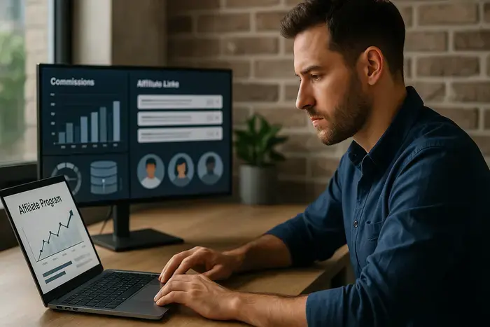 Unternehmerin verwaltet ein Shopware-Affiliate-Dashboard mit Partnerdaten, Provisionsstatistiken und KPI-Metriken
