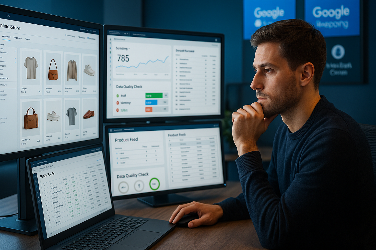 Moderne E-Commerce-Plattform mit Kategorieseiten, Produktdaten, Feed-Management und SEO-Werkzeugen für organische Sichtbarkeit und Umsatzoptimierung