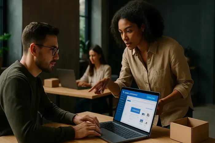 Moderner Arbeitsplatz mit mehreren Bildschirmen zeigt Analytics-Dashboards, Conversion-Daten und Shop-Interfaces, Geschäftsperson analysiert Performance-Metriken, Team-Zusammenarbeit im Hintergrund, technische Atmosphäre mit blauem und grünem Licht.