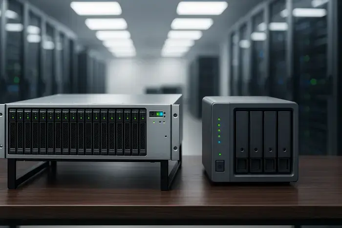 Server und NAS-Speichersystem auf Schreibtisch mit LED-Beleuchtung