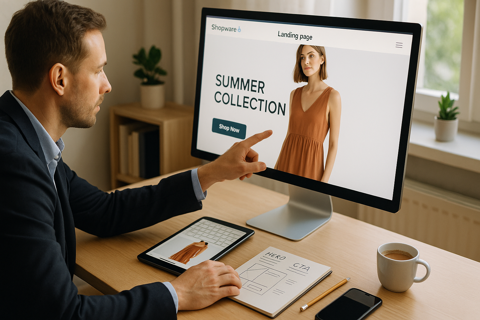 E-Commerce-Manager analysiert eine Shopware-Landingpage mit Hero-Bereich und Call-to-Action zur Conversion-Optimierung im Online-Shop.