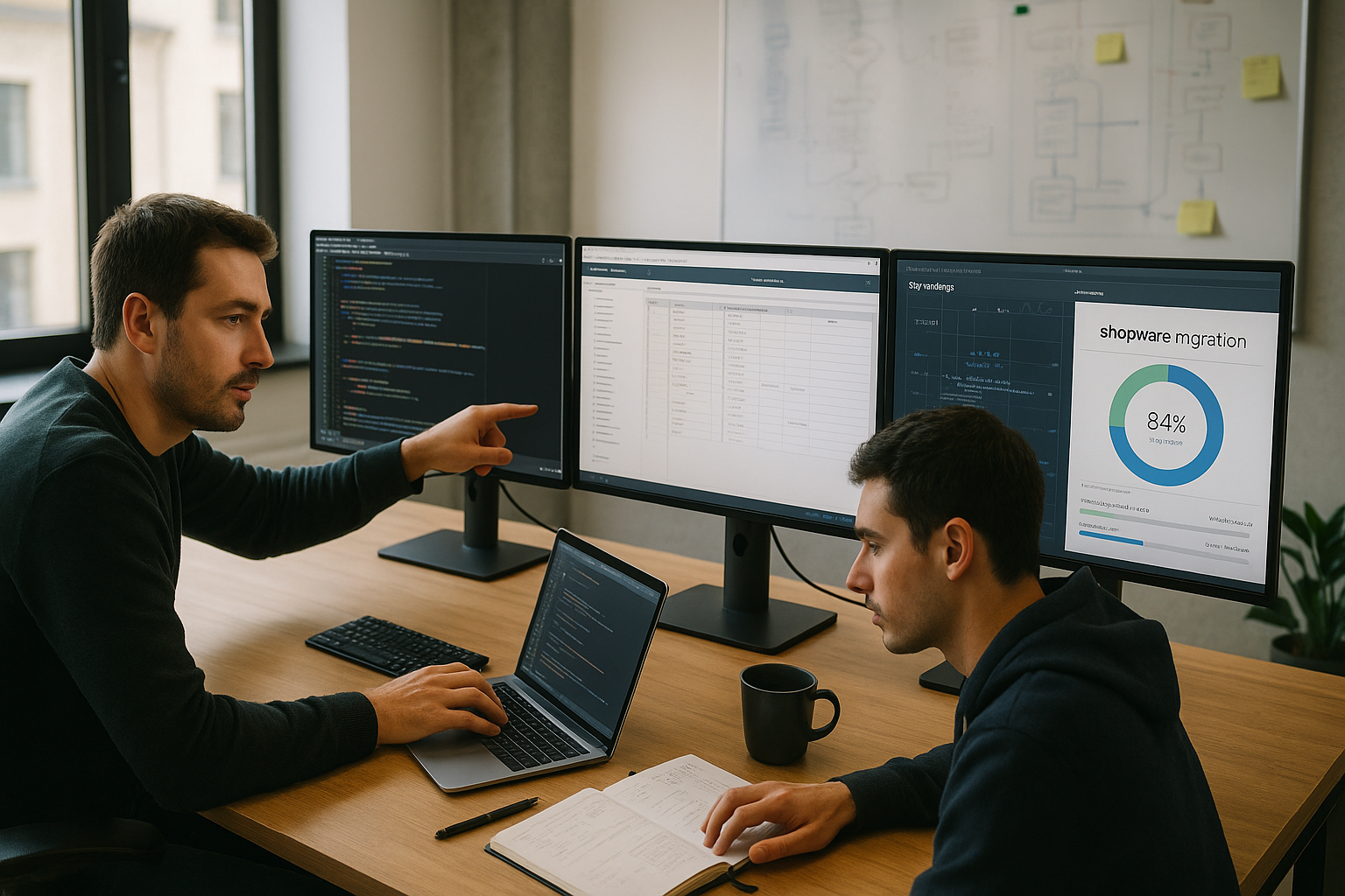 Entwicklungsteam arbeitet konzentriert vor drei Monitoren mit Code-Editoren und Datenbank-Strukturen in hellem modernem Büro mit technischer Ausstattung und Tageslicht, Fokus auf Teamwork und technische Präzision während einer Shopware-Migration