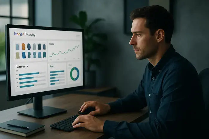 E-Commerce-Manager analysiert Google-Shopping-Metriken auf modernem Bildschirm mit Dashboard, Feed-Daten und Performance-Charts im Fokus