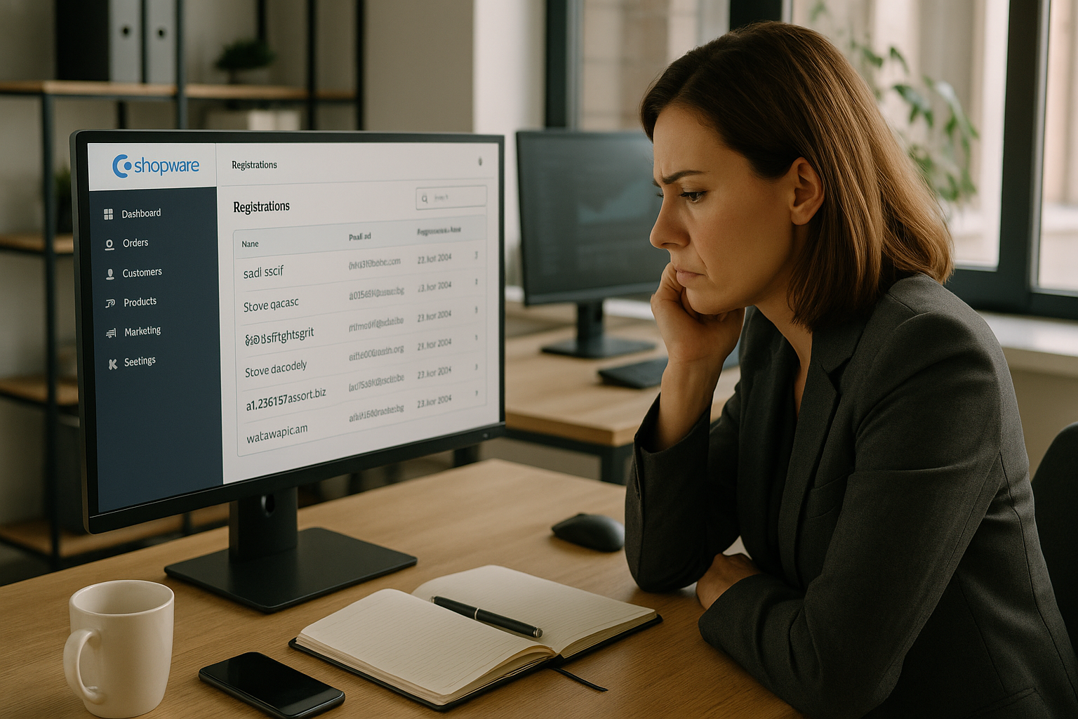 E-Commerce-Manager überprüft Kundenregistrierungen im Shopware-Dashboard zur Analyse von Spam-Anmeldungen und Optimierung der Shop-Sicherheit.