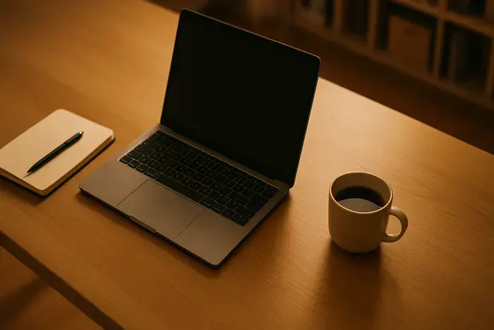 Schreibtisch mit Laptop und Notizbuch für E-Commerce-Verwaltung