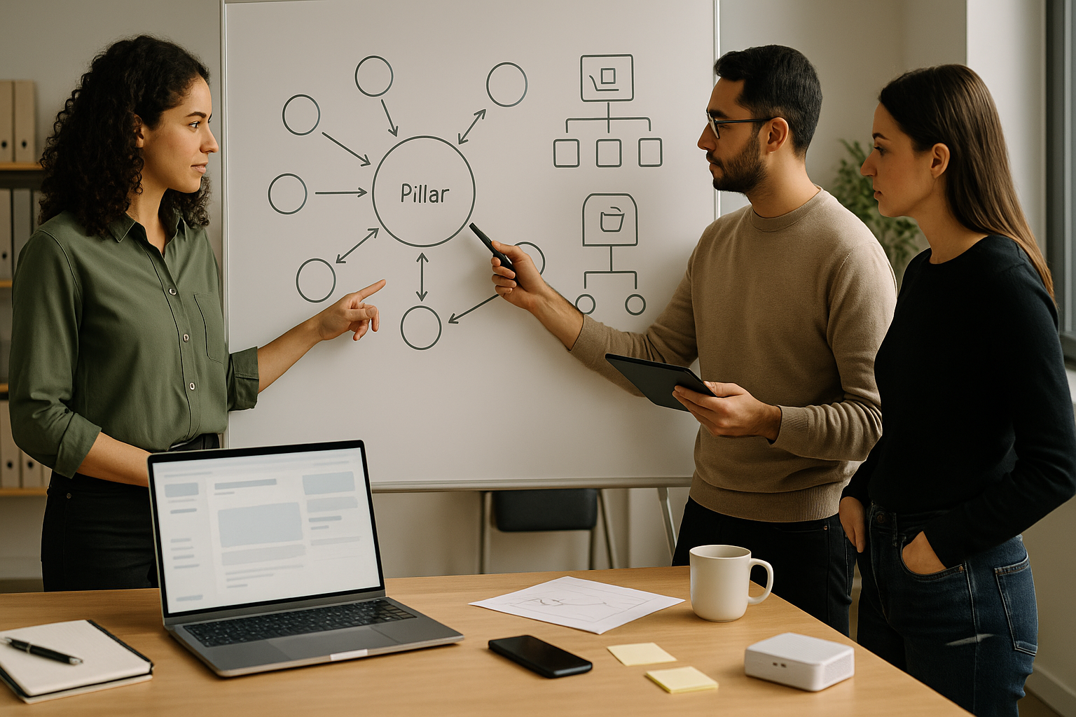 Dreiköpfiges Team in modernem Büro plant am Whiteboard eine Hub-Cluster-Struktur mit Kreisen, Pfeilen und Shop-Icons ohne lesbaren Text