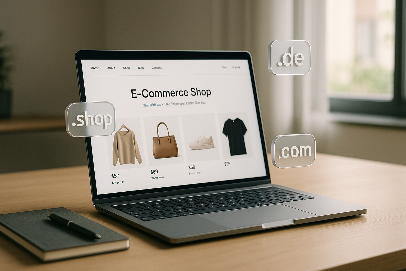 Moderner Laptop-Bildschirm zeigt E-Commerce-Shop mit verschiedenen Domain-Endungen .de, .shop und .com, schwebend daneben in 3D-Stil. Schreibtisch mit Notizbuch und Stift symbolisiert strategische Entscheidungsfindung. Helles, modernes Büro mit natürlichem Licht von rechts.