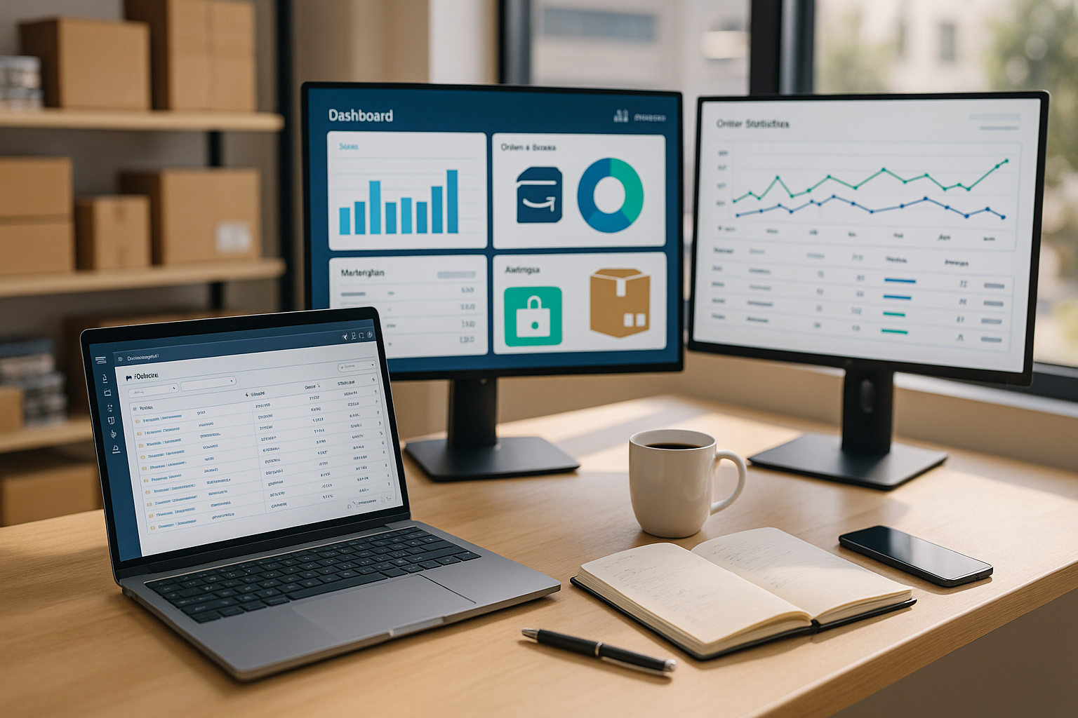 Zwei Personen arbeiten konzentriert an modernen Schreibtischen in einem hellen Büro vor großen Computermonitoren, auf denen detaillierte Dashboard-Ansichten mit Bestandsübersichten, Auftragsstatistiken und farbigen Marktplatz-Symbolen sichtbar sind, im Vordergrund steht ein aufgeklappter Laptop mit geöffneter JTL-Wawi-Oberfläche und Artikellisten, daneben liegen aufgeschlagene Notizblöcke mit handschriftlichen SKU-Nummern, ein Kugelschreiber und eine dampfende Kaffeetasse, im Hintergrund stehen Regale mit ordentlich gestapelten Produkten und Versandkartons, warmes Tageslicht fällt durch große Fenster von der Seite ins Bild und erzeugt weiche Schatten auf den Holzschreibtischen, professionelle und produktive Arbeitsatmosphäre im E-Commerce-Bereich