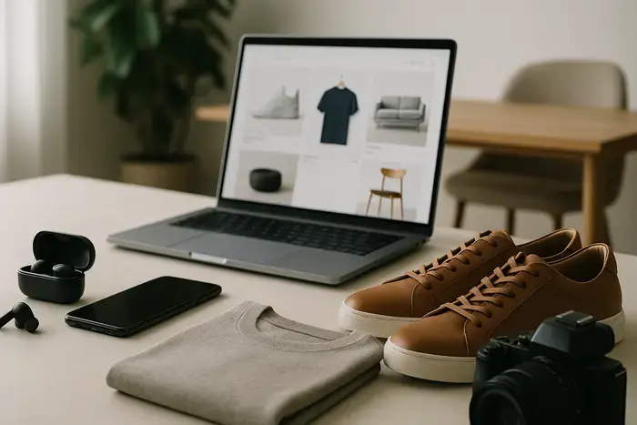 Professionell arrangierte Produkte verschiedener Kategorien auf heller Arbeitsfläche in moderner E-Commerce-Umgebung