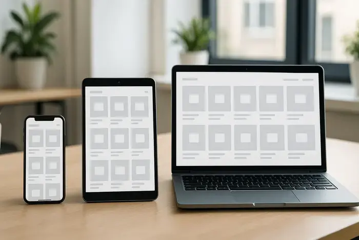 Laptop, Tablet und Smartphone mit unterschiedlich angepassten Shop-Layouts