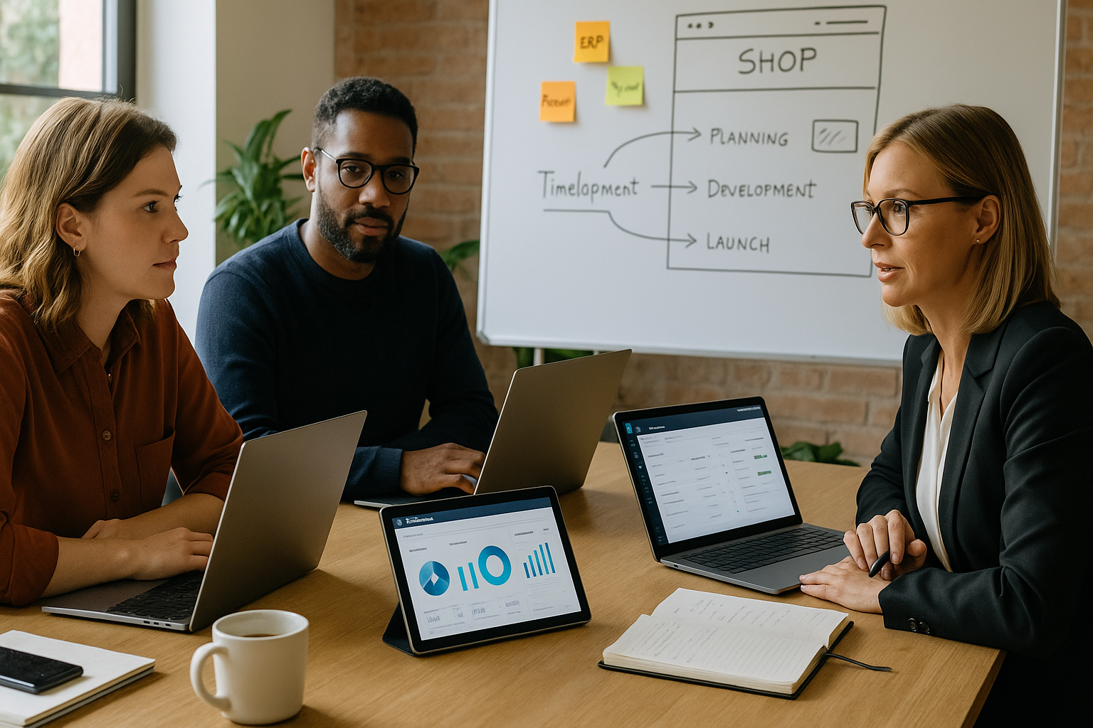 Marketing-Team plant Relaunch und Shop-Strategie mit Analyse-Dashboards und Projektübersicht für strukturierten E-Commerce-Aufbau.