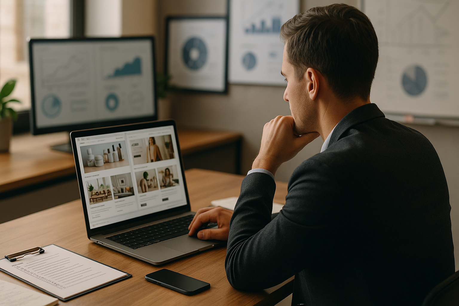 Professionelle E-Commerce-Beratung mit Laptop und Notizen zur Bewertung von Shopware Referenzprojekten in modernem Büro mit natürlichem Licht