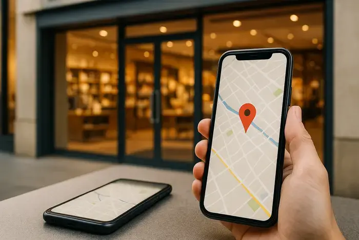 Smartphone zeigt Google Maps mit lokalem Shop-Standort, physischer Shop mit Glasfront im Hintergrund
