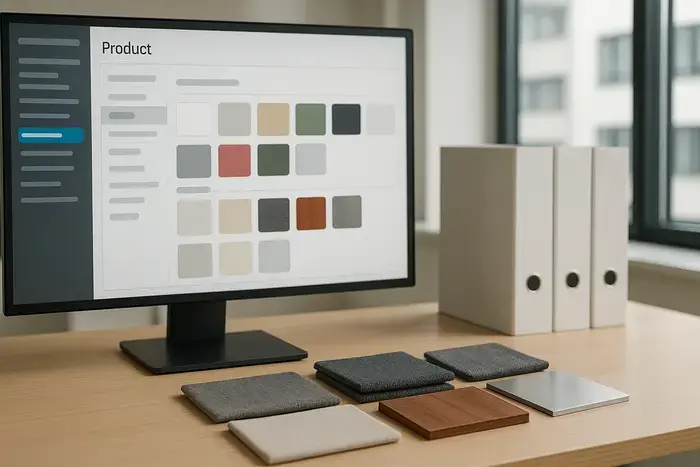 Strukturierte Produktdaten mit Material- und Farbmuster für einen Online-Shop