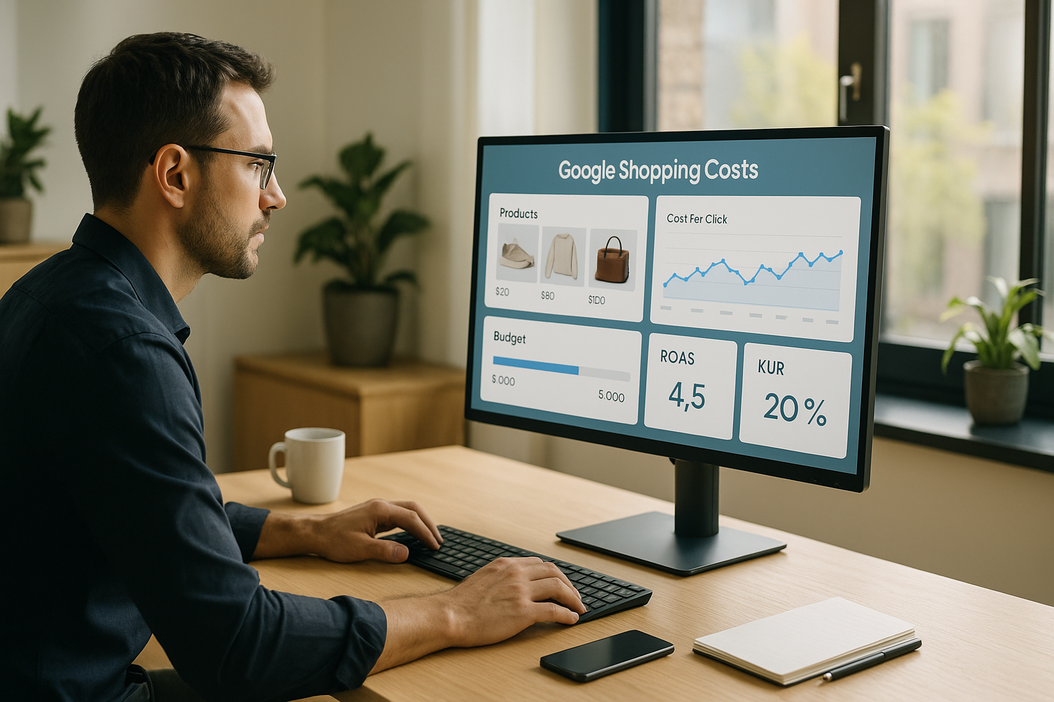 Shopbetreiber analysiert Google Shopping Kosten am Laptop mit Dashboard-Ansichten zu Klickpreisen, Budget und Performance-Kennzahlen in modernem, hellem Büro mit Tageslicht