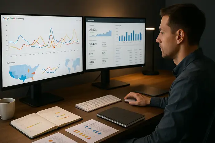 E-Commerce-Manager mit modernem Monitor-Setup analysiert Google Trends Shopping mit mehreren Trend-Kurven, regionalen Vergleichen und Saisonalitätsmustern, umgeben von Produktkatalog und Planungskalender