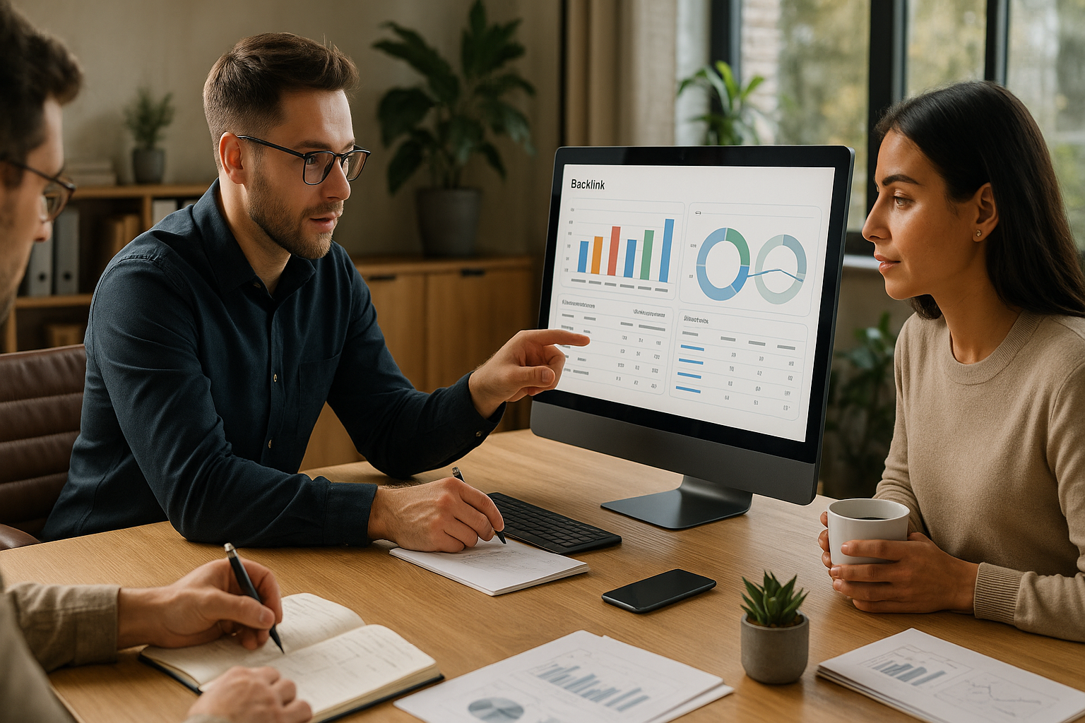 Modernes Büro mit drei Personen am Schreibtisch vor großem Monitor mit Backlink-Metriken und Trust-Flow-Diagrammen, helle Tageslichtbeleuchtung durch Fenster, professionelle Arbeitsatmosphäre, Laptop und Notizen auf Tisch, Pflanzen im Hintergrund, Fokus auf Datenanalyse und strategische SEO-Planung