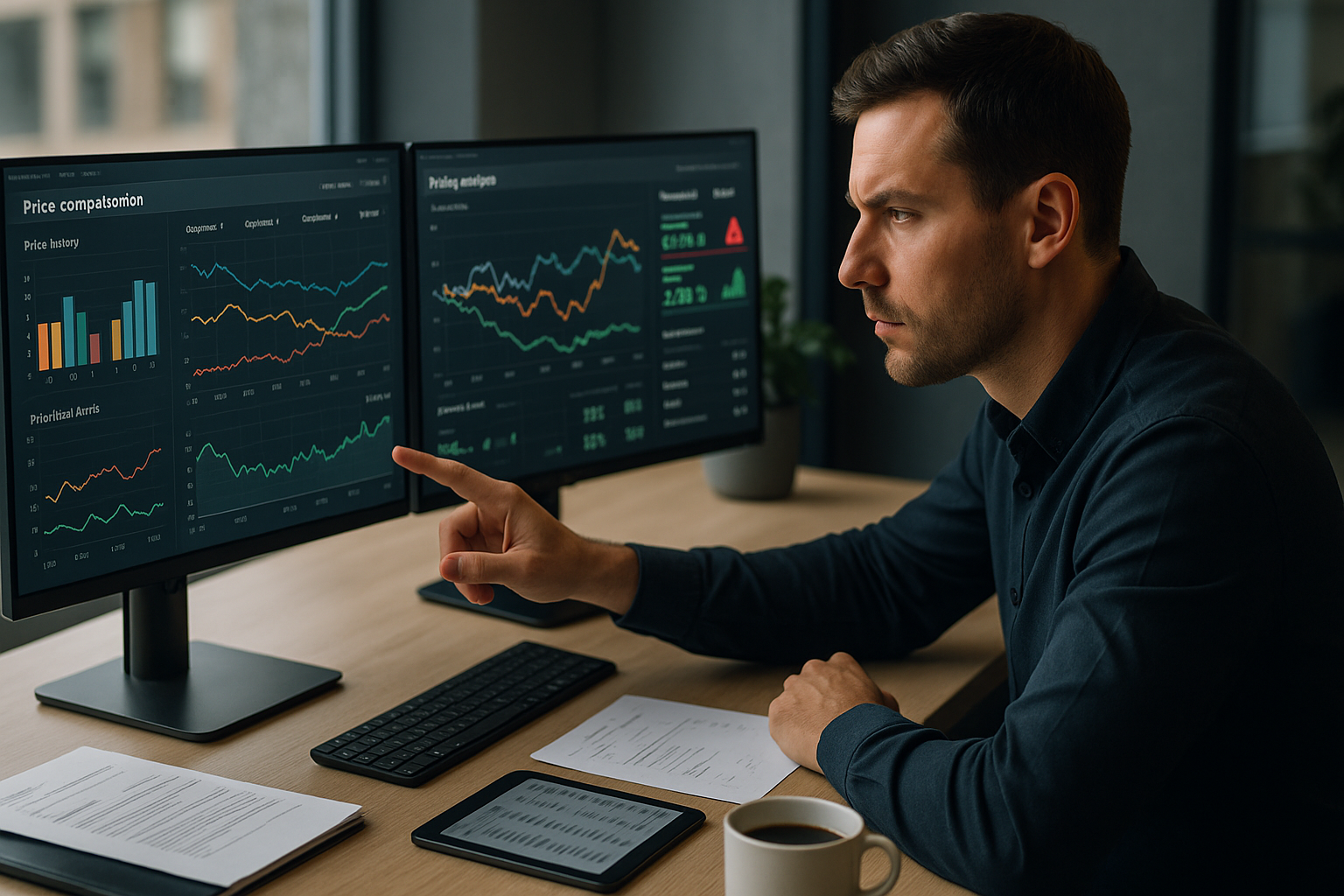 E-Commerce-Manager überwacht Preisveränderungen und Wettbewerbsbewegungen auf einem modernen Dashboard mit Grafiken, Alerts und Preistrends.