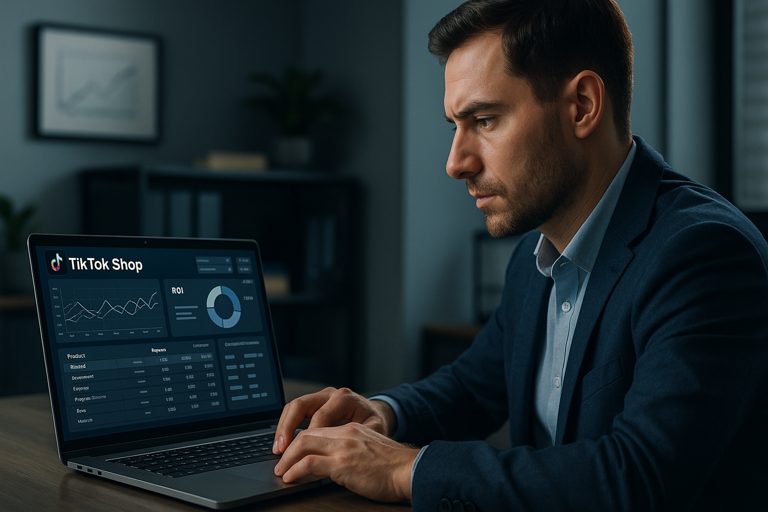 E-Commerce-Manager analysiert TikTok-Shop-Performance-Daten auf modernem Laptop mit Analytics-Dashboards und Produktoptimierungsmetriken in zeitgemäßer Büroumgebung