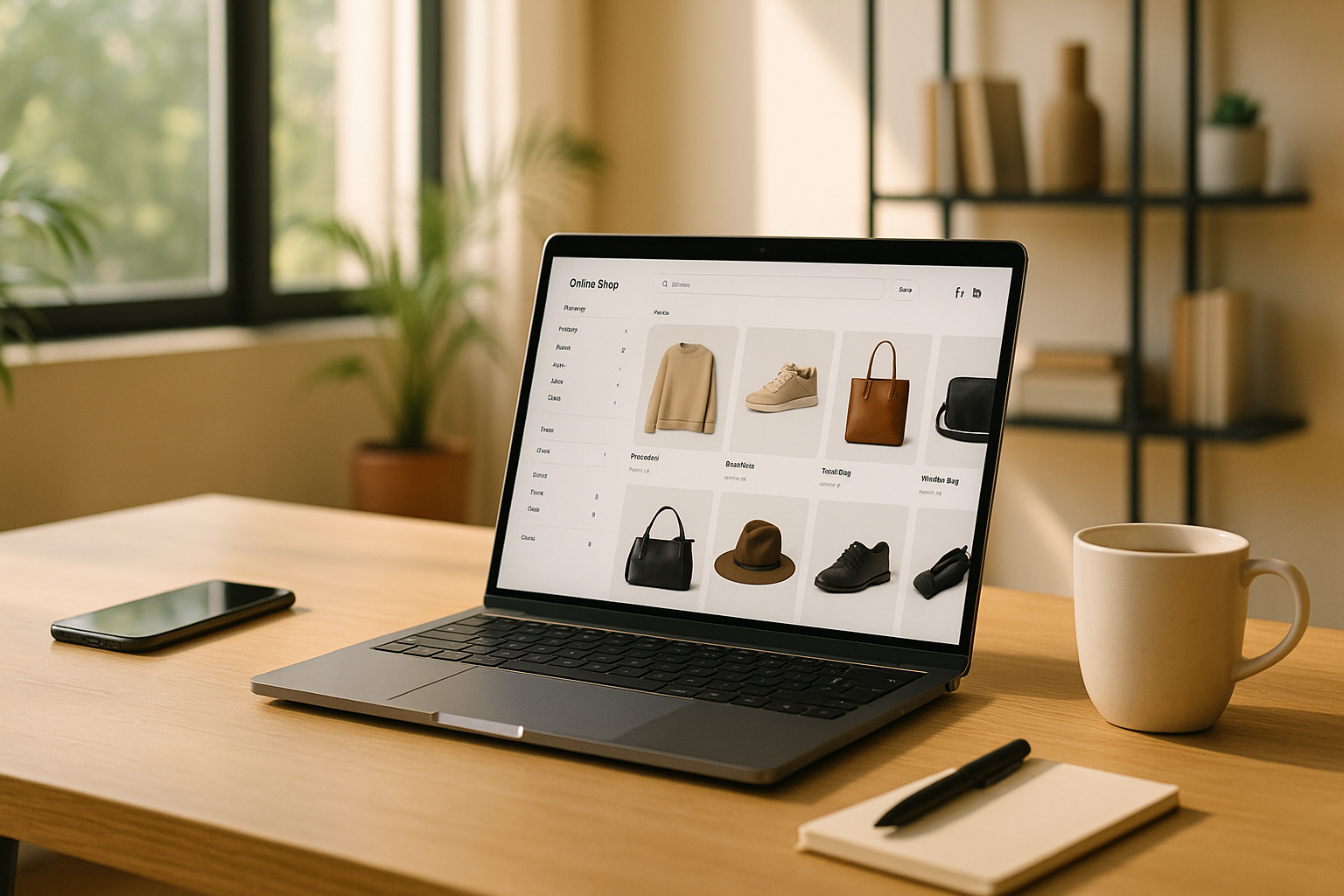 Moderner Arbeitsplatz mit aufgeklapptem Laptop, auf dessen Bildschirm ein professionell gestalteter Online-Shop mit Produktbildern, Kategorieseiten und Filterfunktionen zu sehen ist, daneben Smartphone, Notizblock und Kaffeetasse, im Hintergrund große Fenster mit natürlichem Tageslicht und Pflanzen