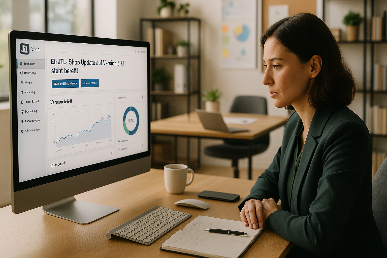 Moderne Büroumgebung mit großem Computerbildschirm im Vordergrund, auf dem das Backend eines JTL-Shop-Systems mit Update-Hinweisen und Versionsnummern sichtbar ist, eine konzentrierte Person sitzt vor dem Monitor mit Notizblock und Kaffeetasse, helles aufgeräumtes Büro mit großen Fenstern und Tageslicht, Pflanzen auf Regalen, Pinnwand mit Post-its und Diagrammen, zweiter Arbeitsplatz mit Laptop im Hintergrund, professionelle fokussierte Atmosphäre