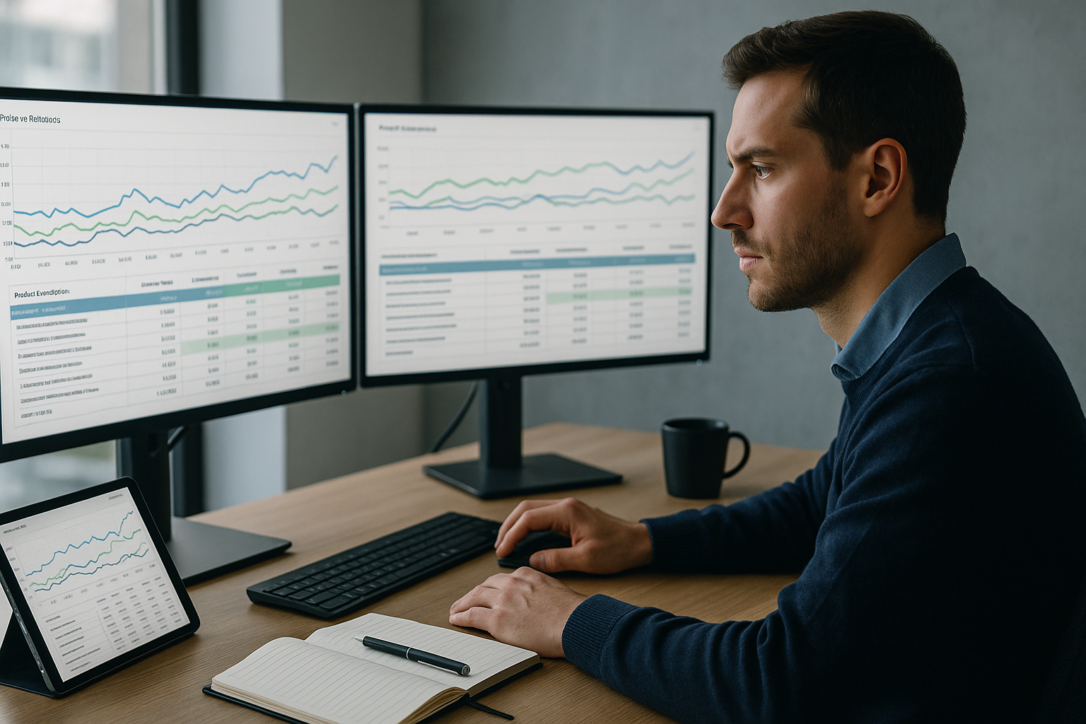 E-Commerce-Manager an modernem Schreibtisch vor mehreren Bildschirmen mit Preis-Dashboards, Liniendiagrammen und Konkurrenz-Benchmarks in Blau und Grün, konzentrierte Analyse von Preisverläufen