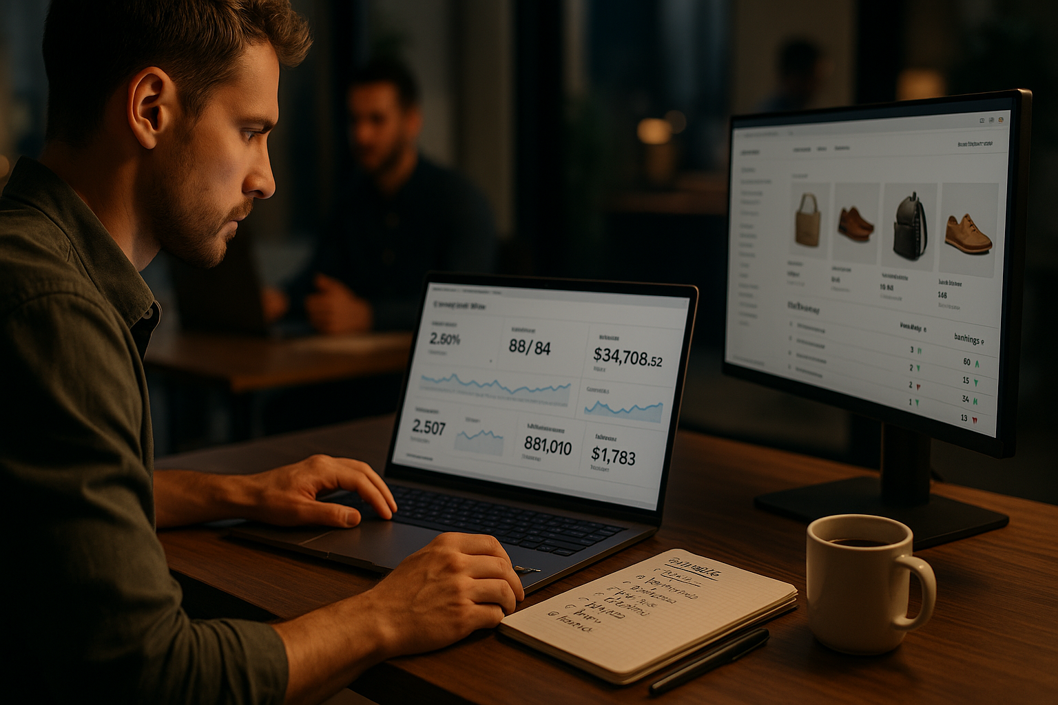 E-Commerce-Manager am Arbeitsplatz mit Laptop, der ein Analytics-Dashboard, Produktseiten-Optimierungen und Keyword-Rankings auf mehreren Monitoren anzeigt, professionelle, moderne Büroumgebung mit Kaffee und Notizen