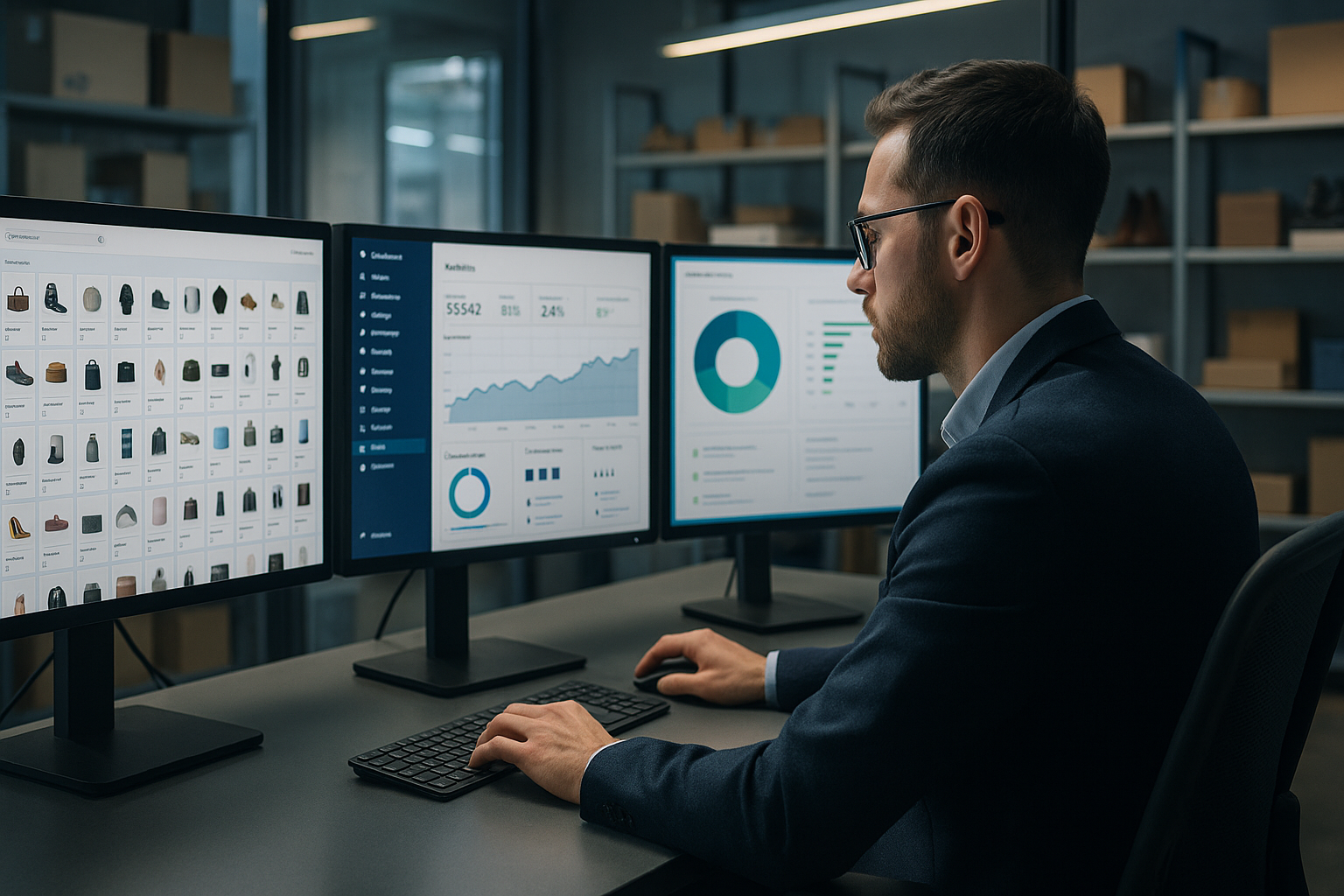 Ein modernes E-Commerce-Arbeitsumfeld mit mehreren Monitoren zeigt Produktkatalog-Daten, Analytics-Dashboards und AI-gestützte Kategorie-Analysen, während ein Fachmann an der strategischen Optimierung arbeitet