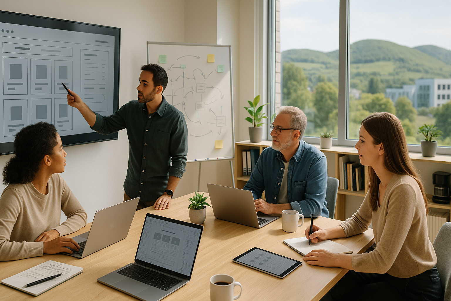 E-Commerce-Team bespricht Wireframes und Seitenstruktur eines Online-Shops zur Optimierung von User Experience und Conversion-Rate.