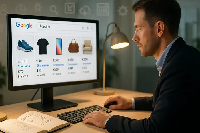 E-Commerce-Manager optimiert Google Shopping-Produktanzeigen am Monitor mit Feed-Management und Produktdaten.