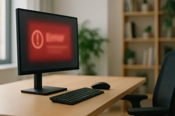 Arbeitsplatz mit unscharfer Fehlermeldung auf dem Monitor in modernem Büro