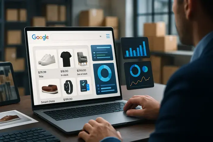 Modernes E-Commerce-Arbeitsumfeld mit Monitor-Display zeigt Google Shopping Interface mit Produktdaten, Bildern, Titeln, Preisen und Verfügbarkeitsstatus