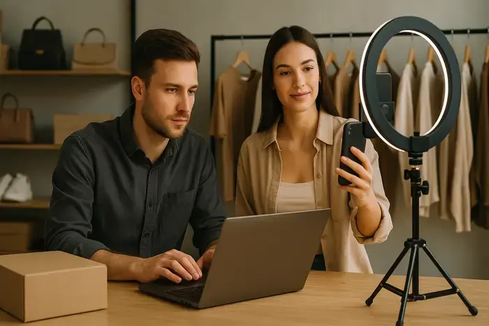E-Commerce-Manager überprüft die Anbindung eines Social-Commerce-Kanals an seinem Schreibtisch mit Produktdaten und Synchronisationsstatus auf dem Monitor
