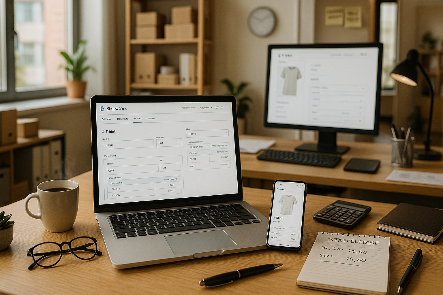 Arbeitsplatz für E-Commerce-Kalkulation: Tablet zeigt Staffelpreise für ein T-Shirt, daneben Taschenrechner, Maßband, verpackte Ware und Notizblock mit Berechnungen.